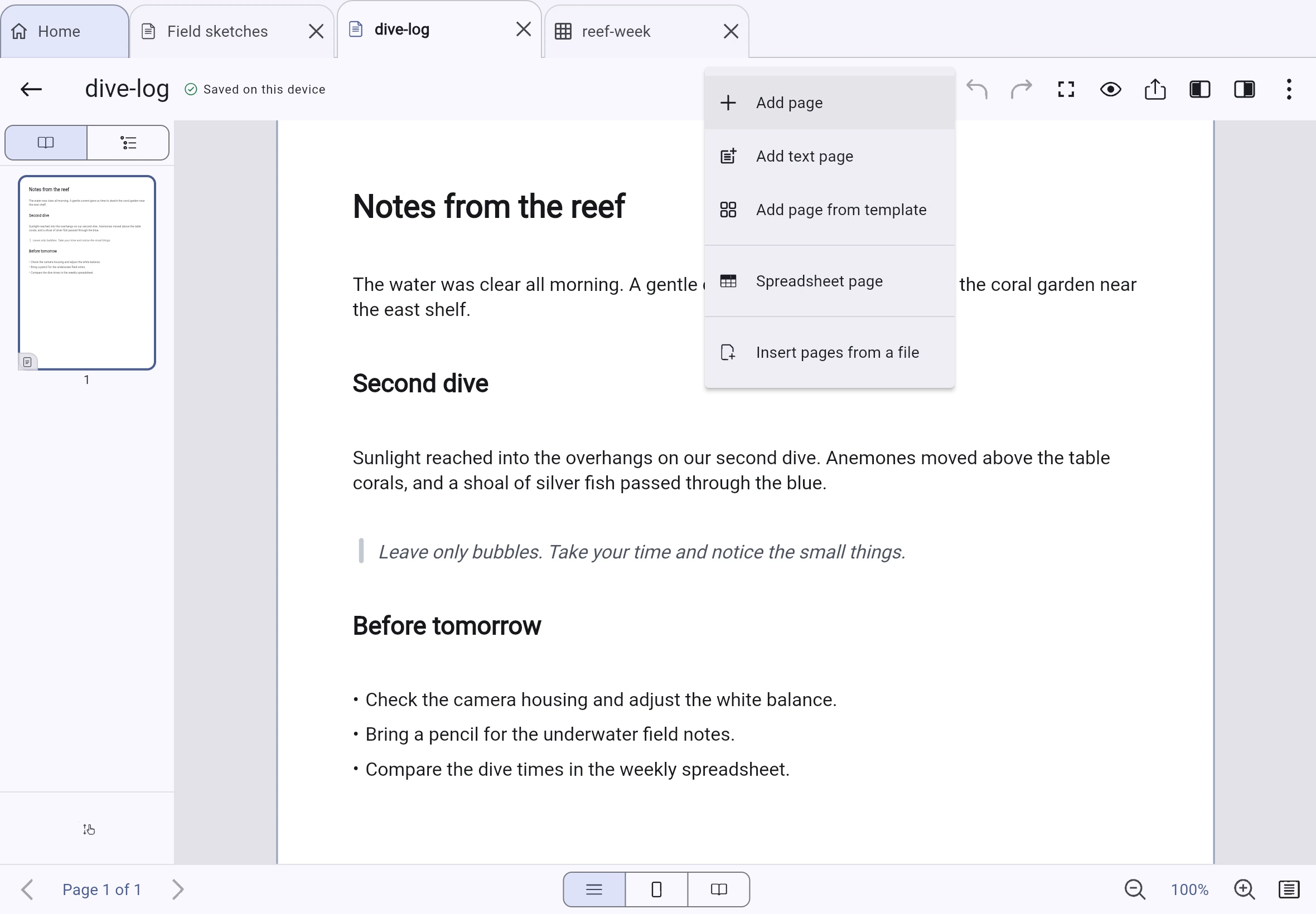 Inklume’s Insert menu on a text page, offering canvas pages, text pages, template pages, spreadsheet pages and pages from a file