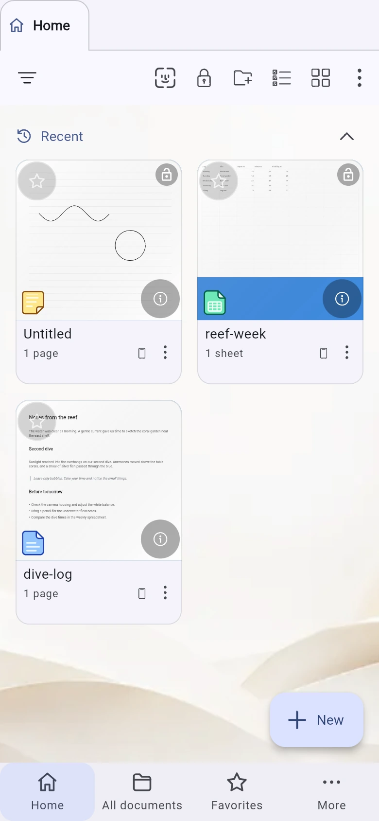 Home on a phone, with the Folded paper background behind document covers and navigation along the bottom.