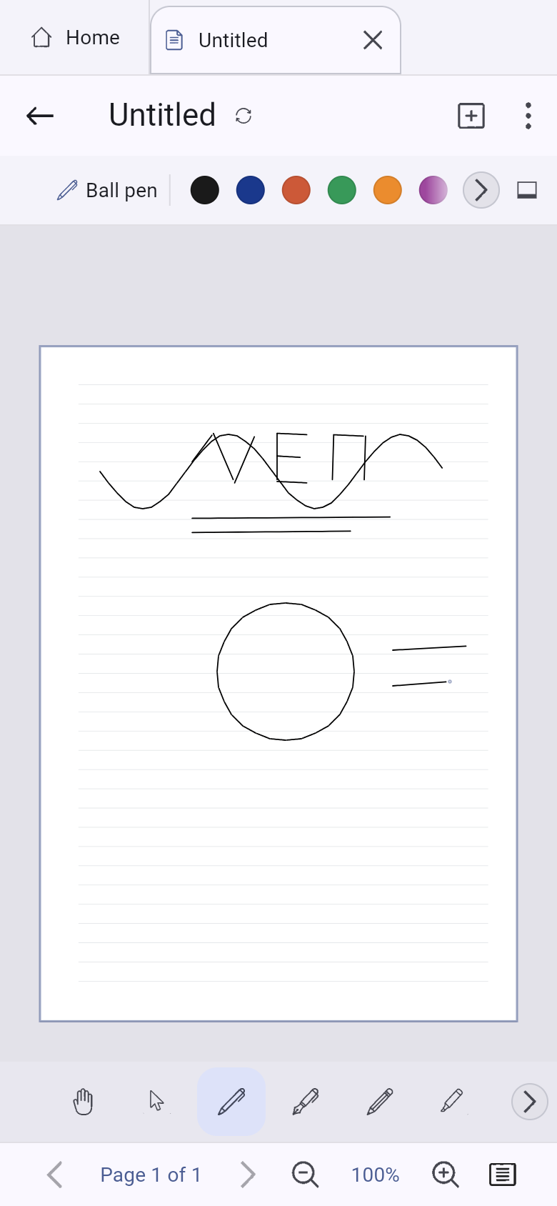 Inklume on a phone: a ruled page with a hand-drawn wave and circle on it, the pen and colour bar above and the tool dock below