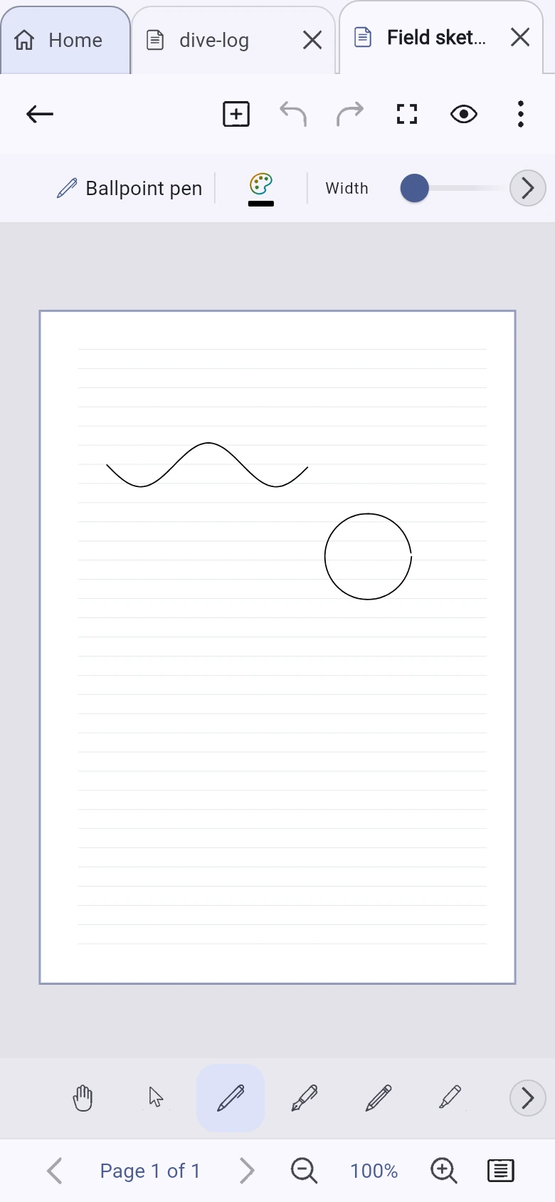 Inklume on a phone, showing a ruled page with a hand-drawn wave and circle, a pen and colour bar above, and a tool dock below