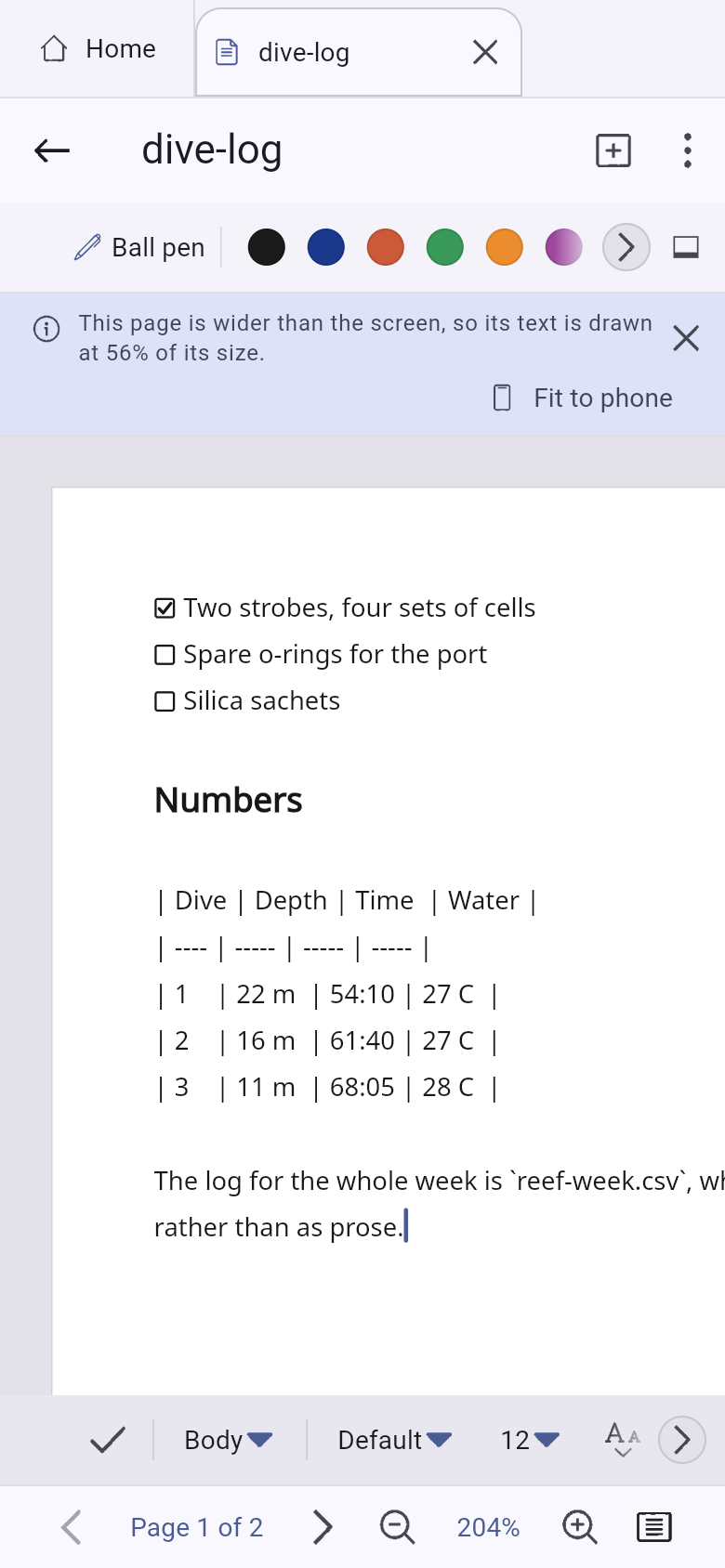 Inklume on a phone showing a notice reading “This page is wider than the screen, so its text is drawn at 56% of its size”, with a Fit to phone button