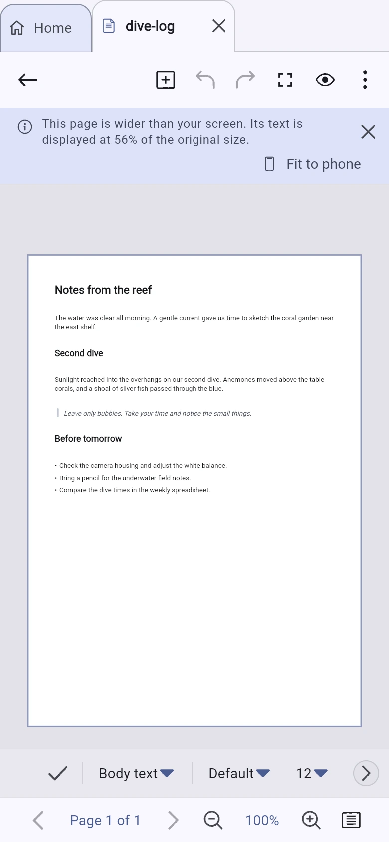 Inklume on a phone showing a notice that text is displayed at 56% of its size, with a Fit to phone button