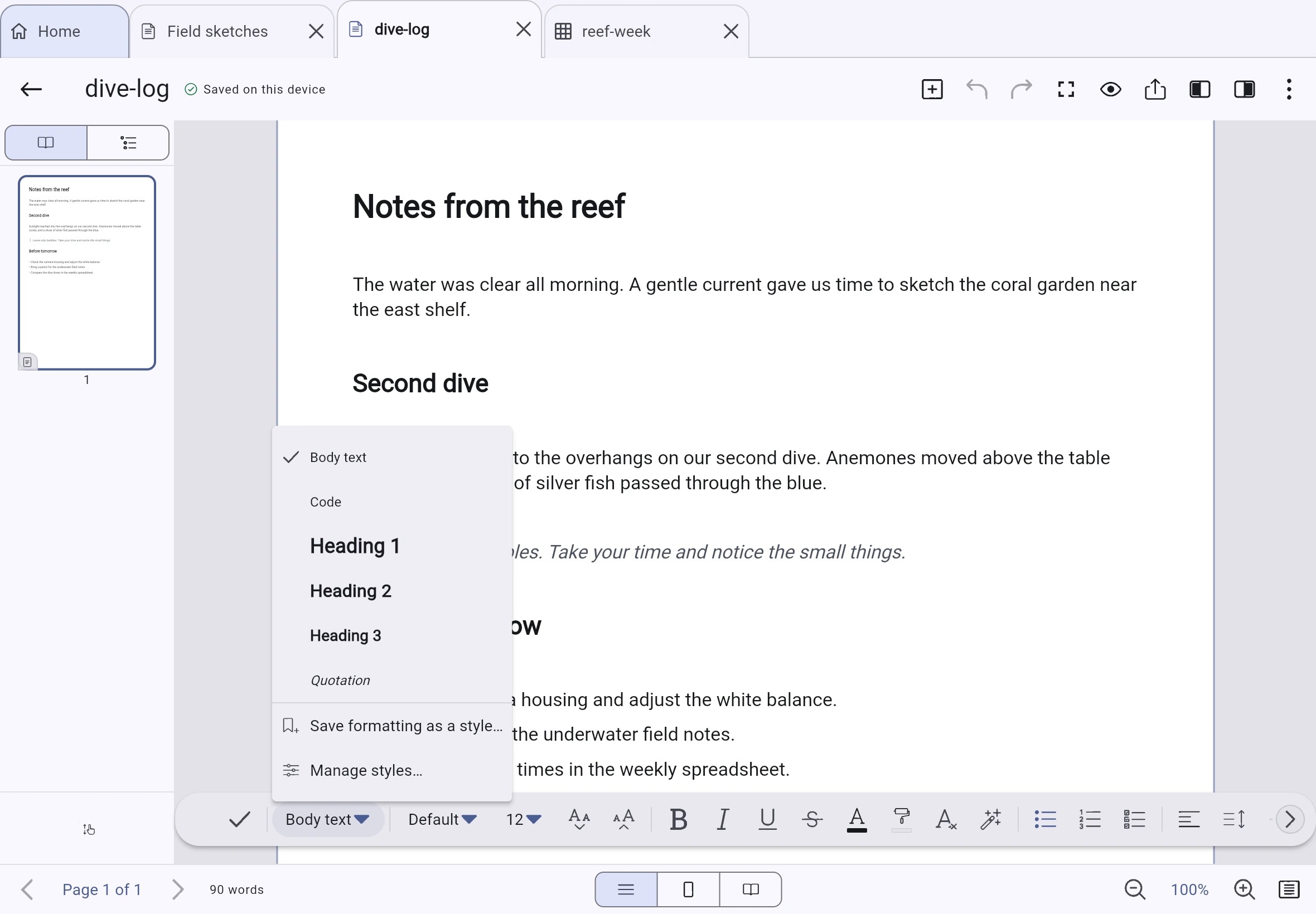 Inklume’s paragraph-style menu with Body, Code, Heading 1, Heading 2, Heading 3 and Quote, followed by Save formatting as a style and Manage styles