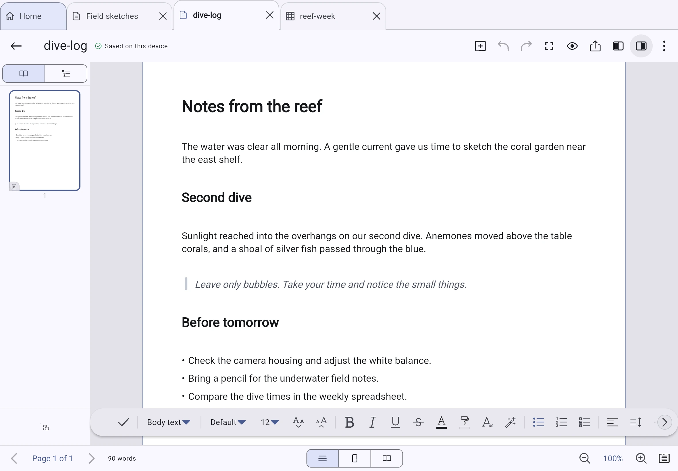 An Inklume text page with a heading, two paragraphs, an indented quote and a bulleted list, with the formatting bar below